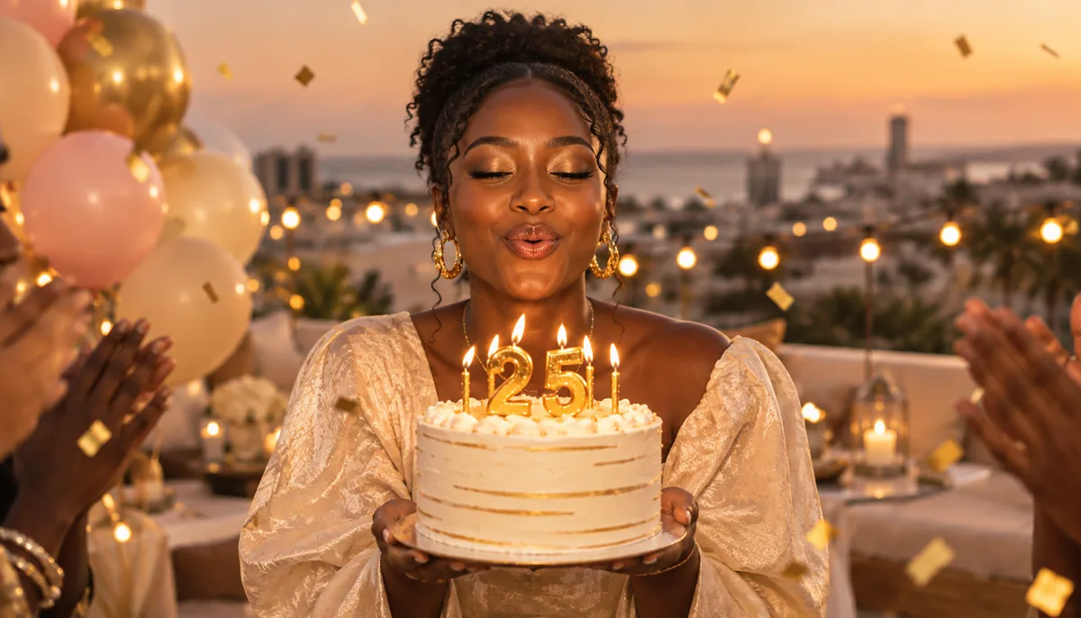 Une jeune femme souffle les bougies de son gâteau d'anniversaire, entourée de ballons et de confettis dorés